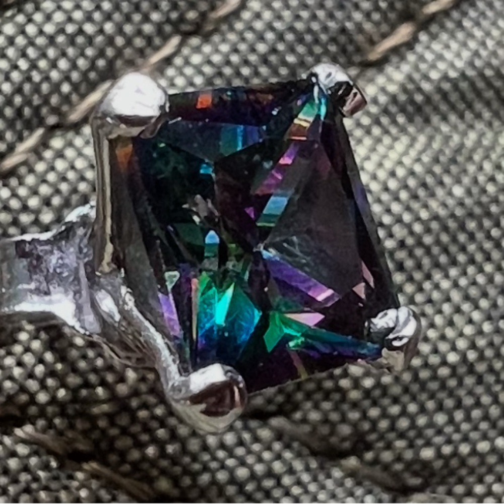 Vintage Sterling Silver Square Cushion Cut Mystic Topaz Rainbow Stud Earrings
